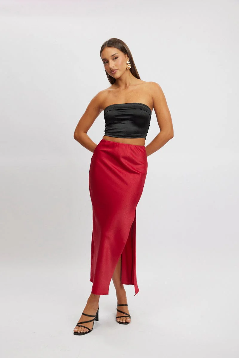 Red Slip Skirt High Waist Front Split Midaxi Satin