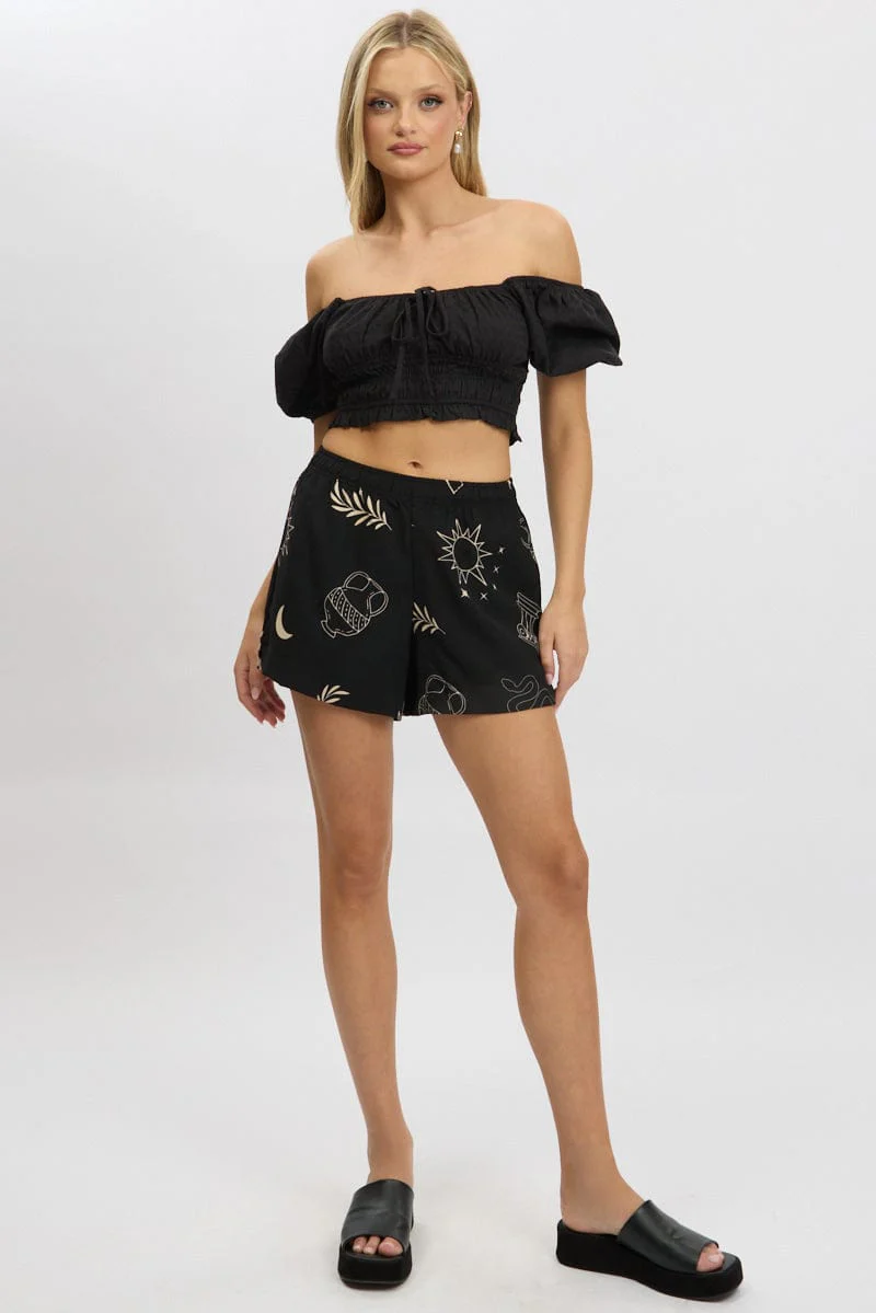 Black Abstract Relaxed Shorts High Rise