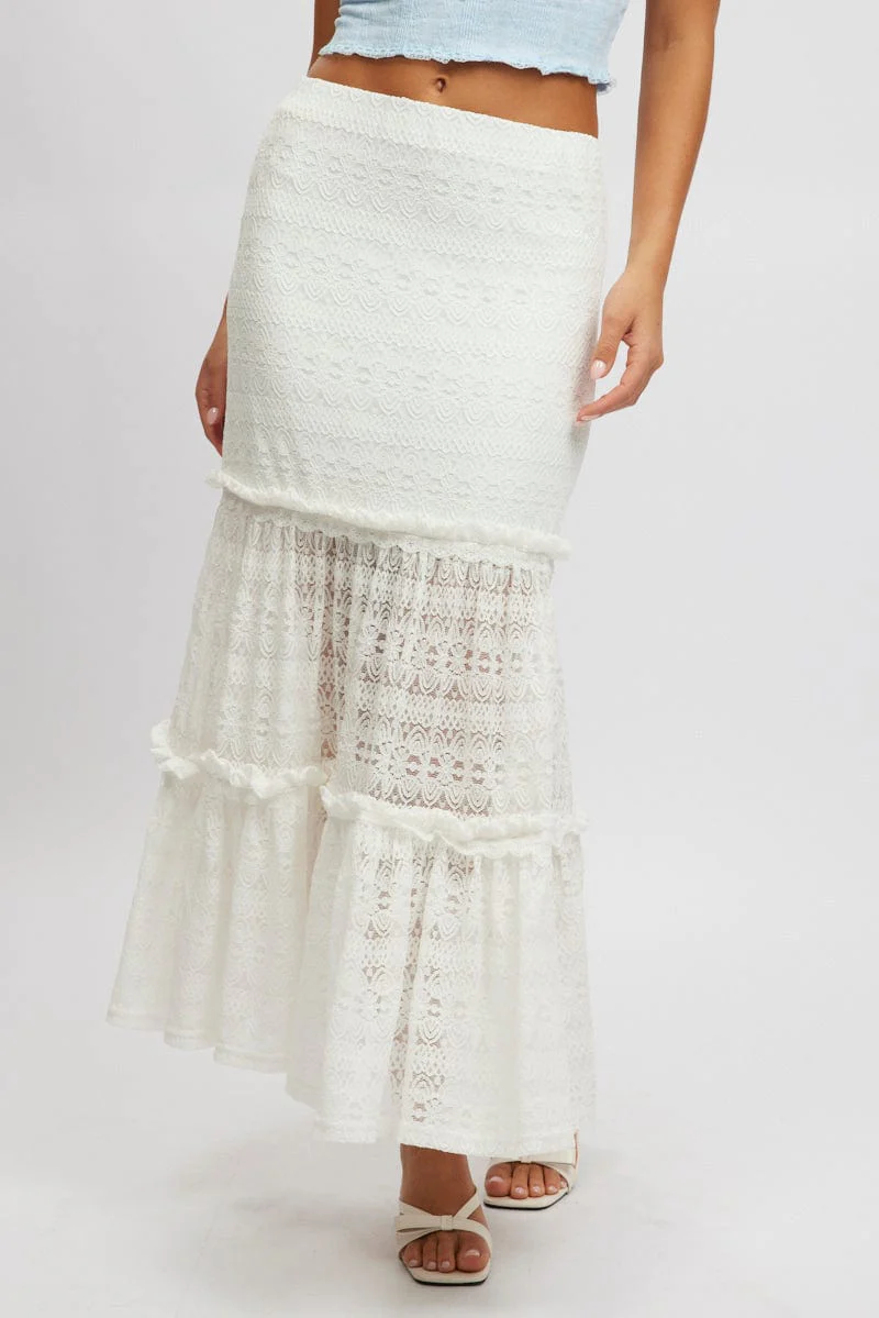 White Lace Maxi Skirt Elastic Waist Tiered Lined