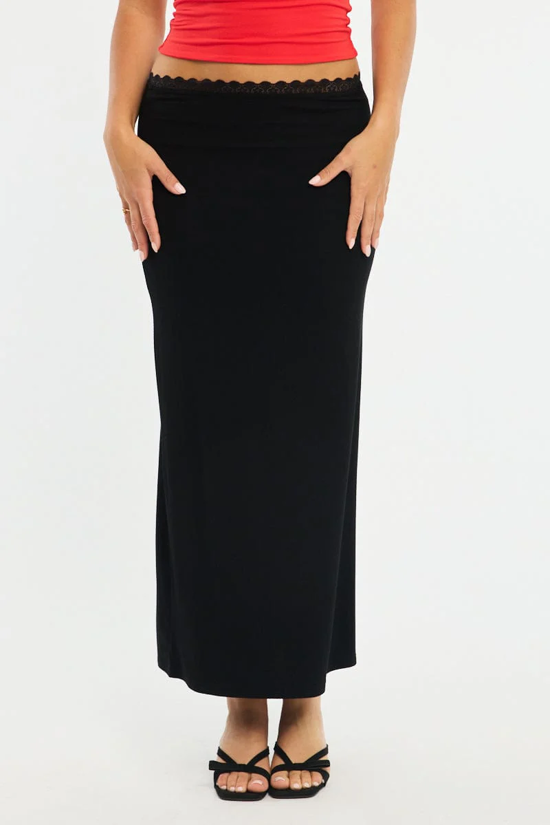 Black Maxi Skirt Elastic Waist Lace Trim Detail Lined