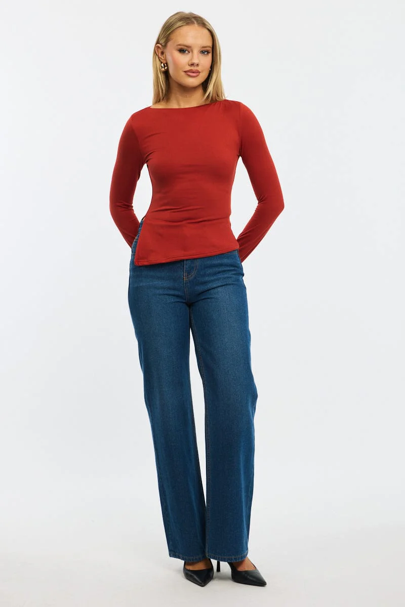 Red Boat Neck Top Long Sleeve Side Split