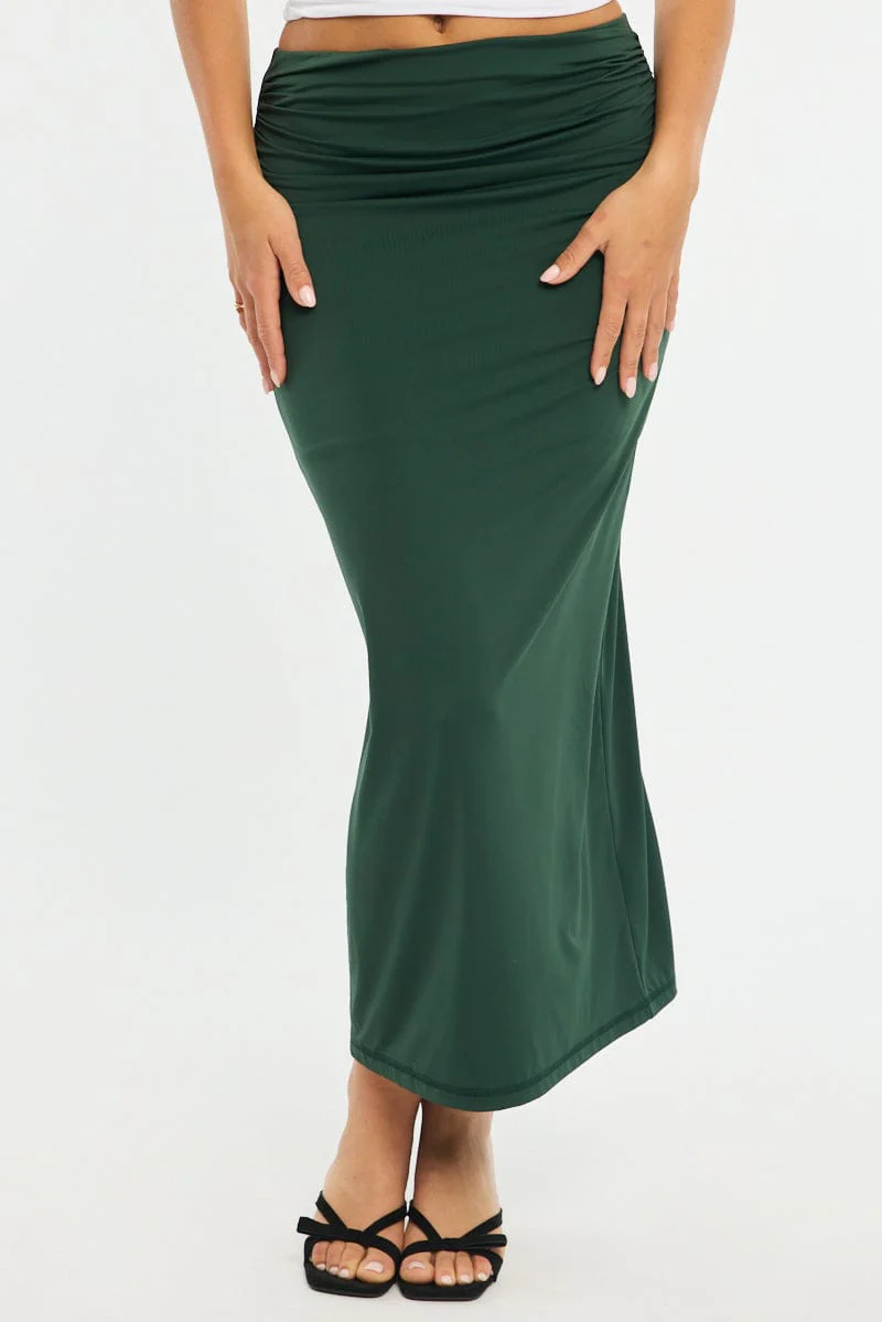 Green Ruched Maxi Skirt Elastic Waist