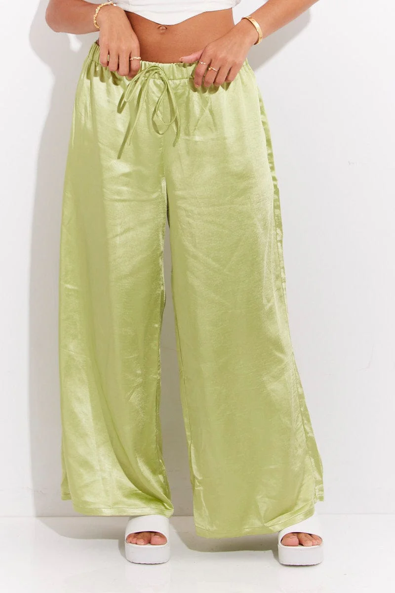 Green Pant High Elastic Waist Tie Front Wide Leg Satin