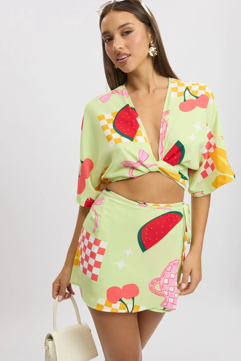 Green Abstract Tie Up Bolero Short Sleeve