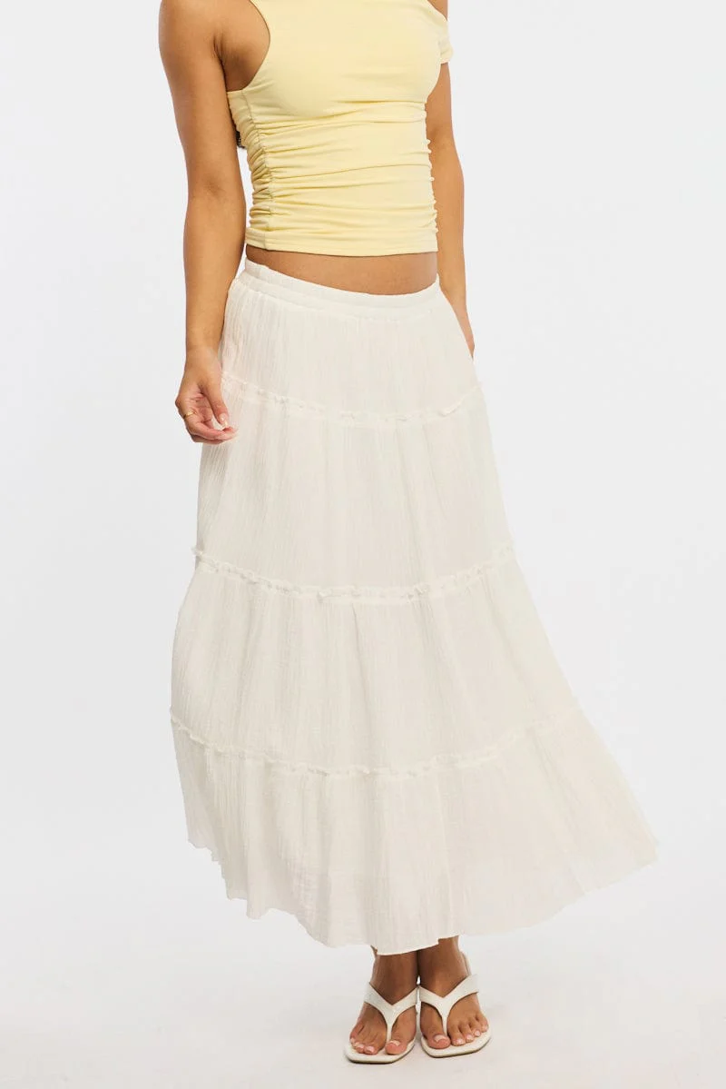White Midi Skirt Tiered High Rise Lined
