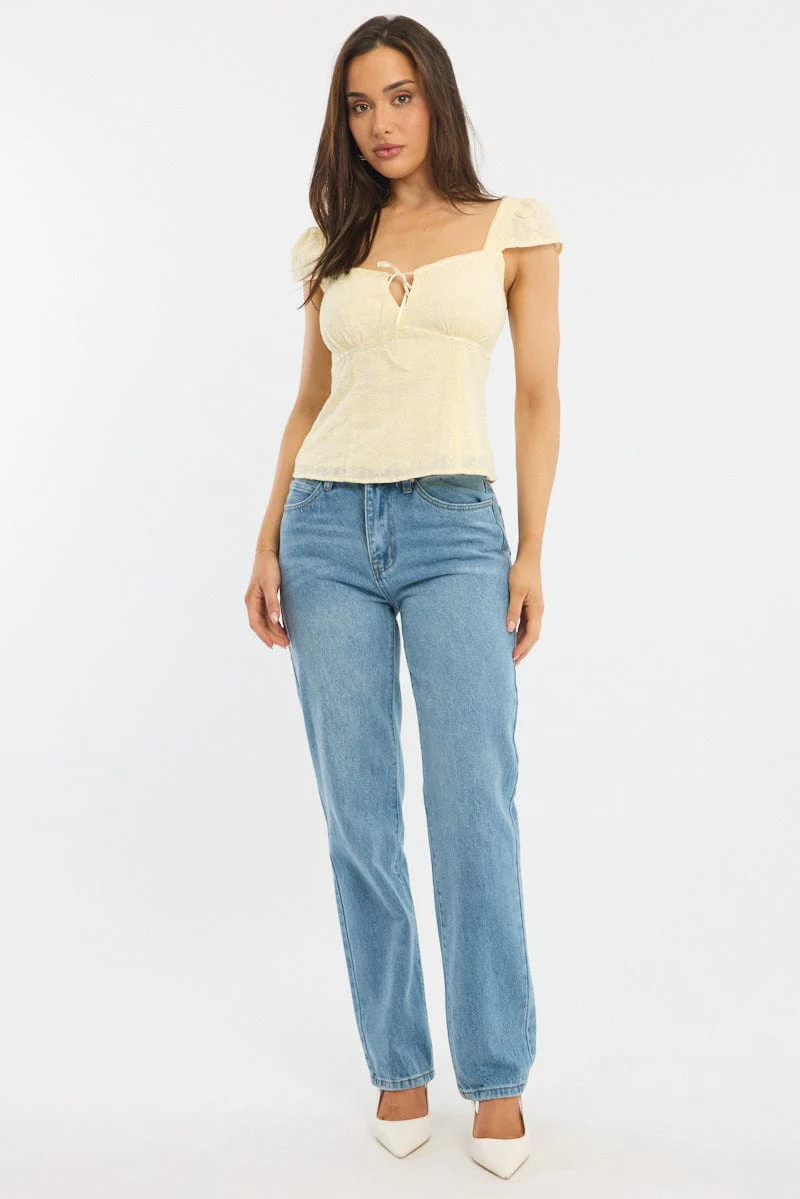 Yellow Eyelet Top Cap Sleeve Sweetheart Neckline Broderie