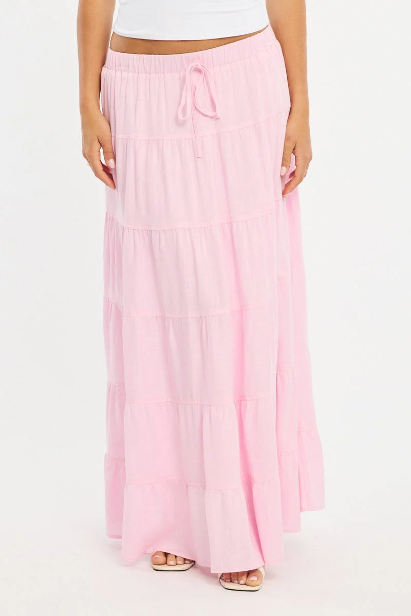 Pink Maxi Skirt Tiered High Rise Linen Blend