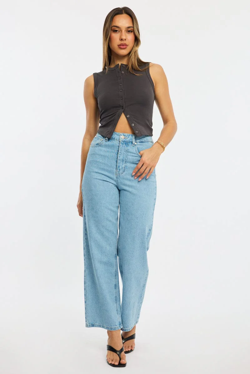 Grey Button Front Top Sleeveless