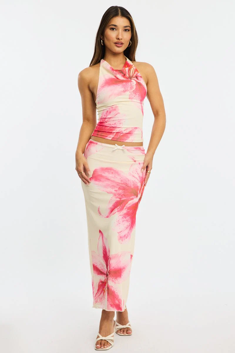 Yellow Floral Halter Neck Top Mesh