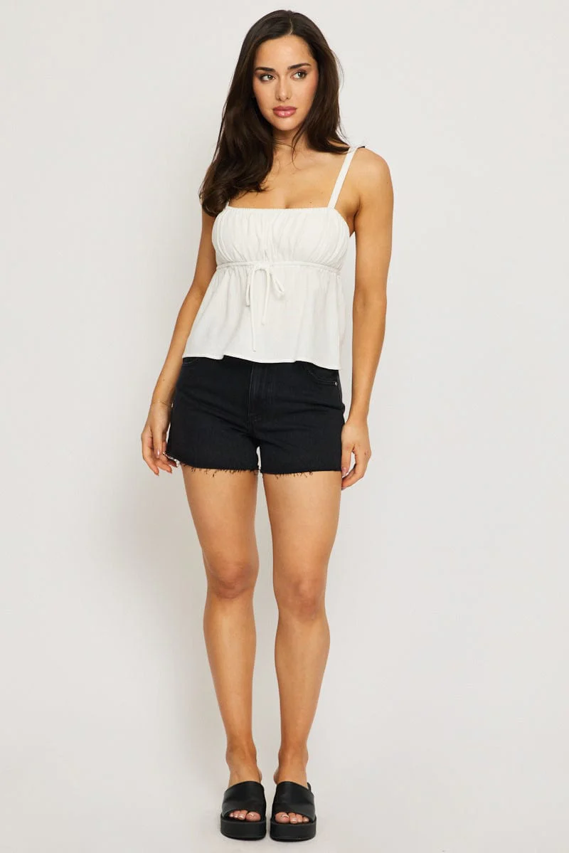 White Cami Top Sleeveless Front Tie Babydoll Linen Blend