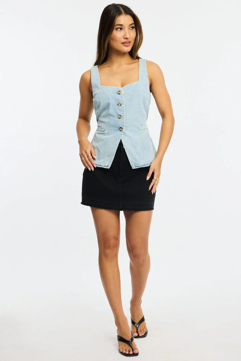 Denim Longline Vest Top Sleeveless Square Neck Denim