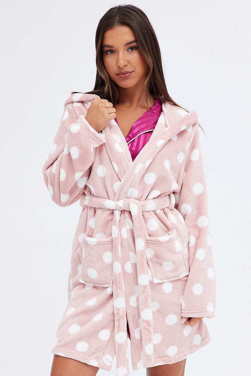 Pink Polka Dot Fleece Robe Dressing Gown PJ