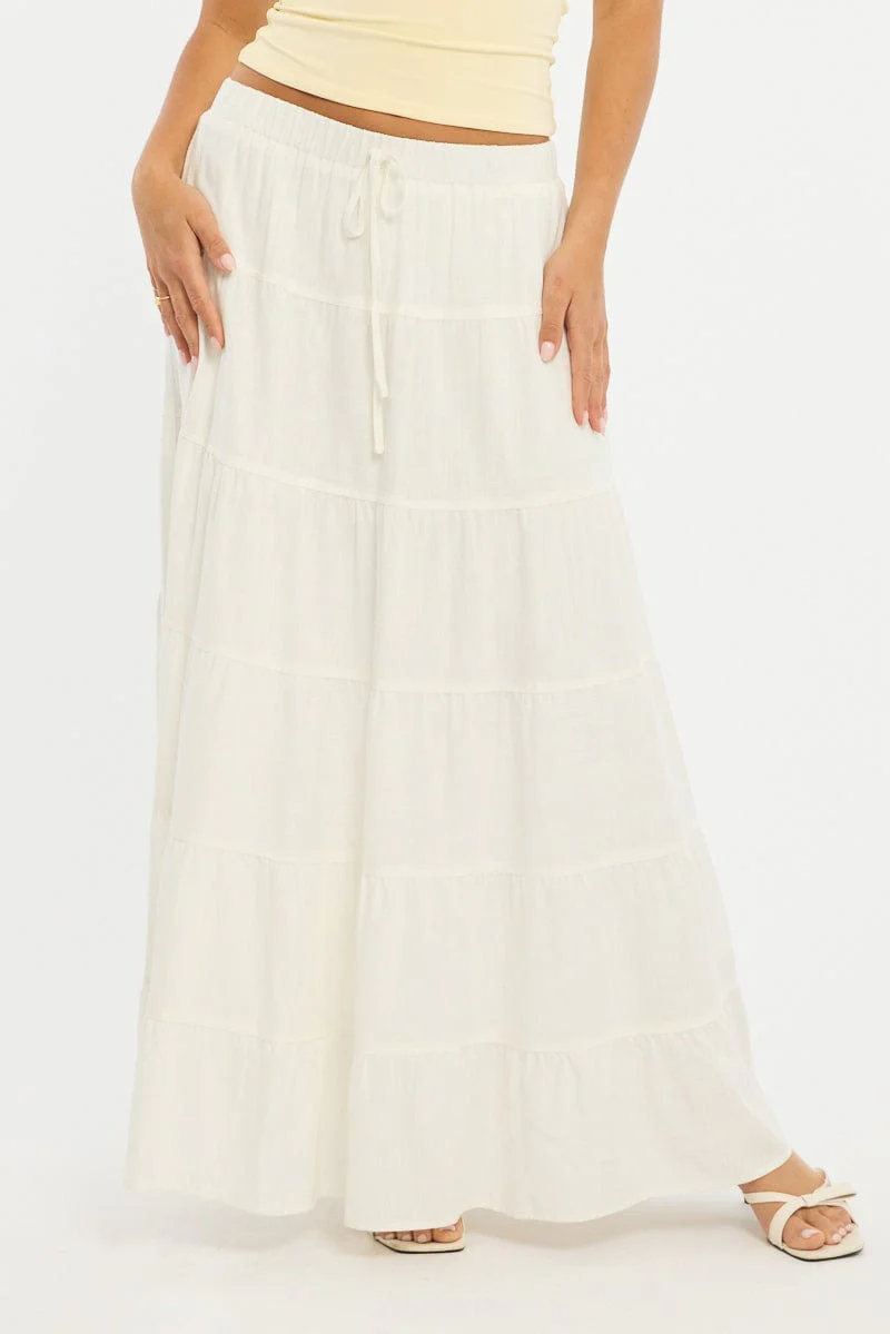 White Maxi Skirt Tiered High Rise Linen Blend