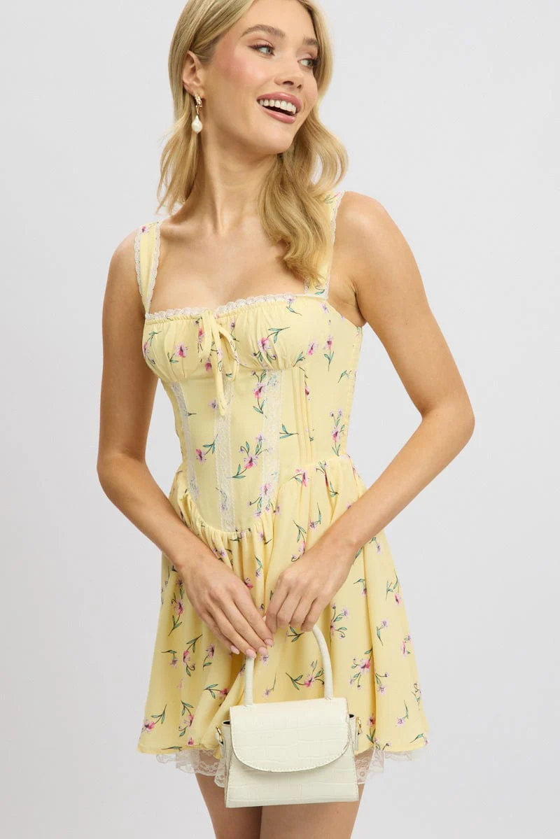 Yellow Floral Fit And Flare Dress Mini Rushed Bust
