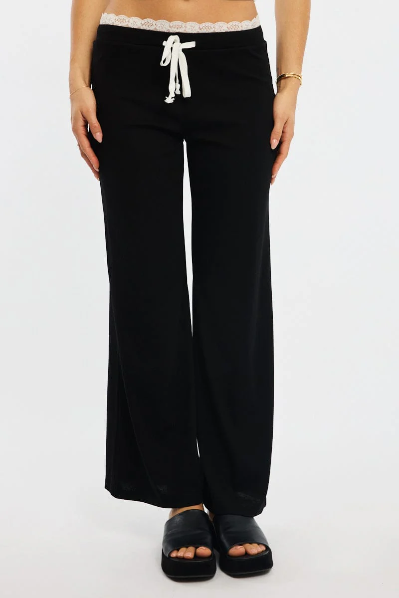 Black Wide Leg Pants Lace Trim