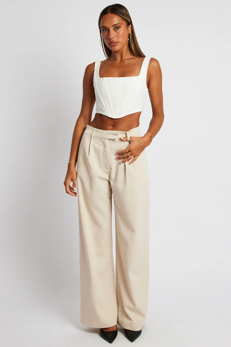 Beige Wide Leg Pants Mid Rise