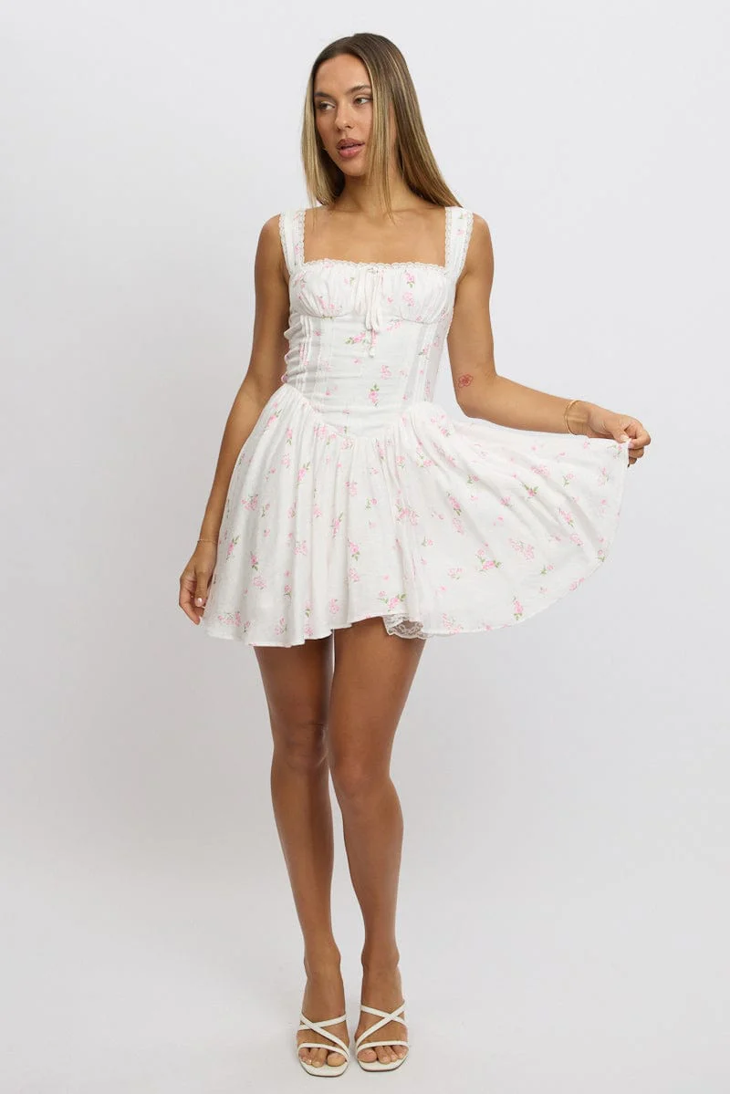 Pink Ditsy Fit And Flare Dress Corset Detail Mini