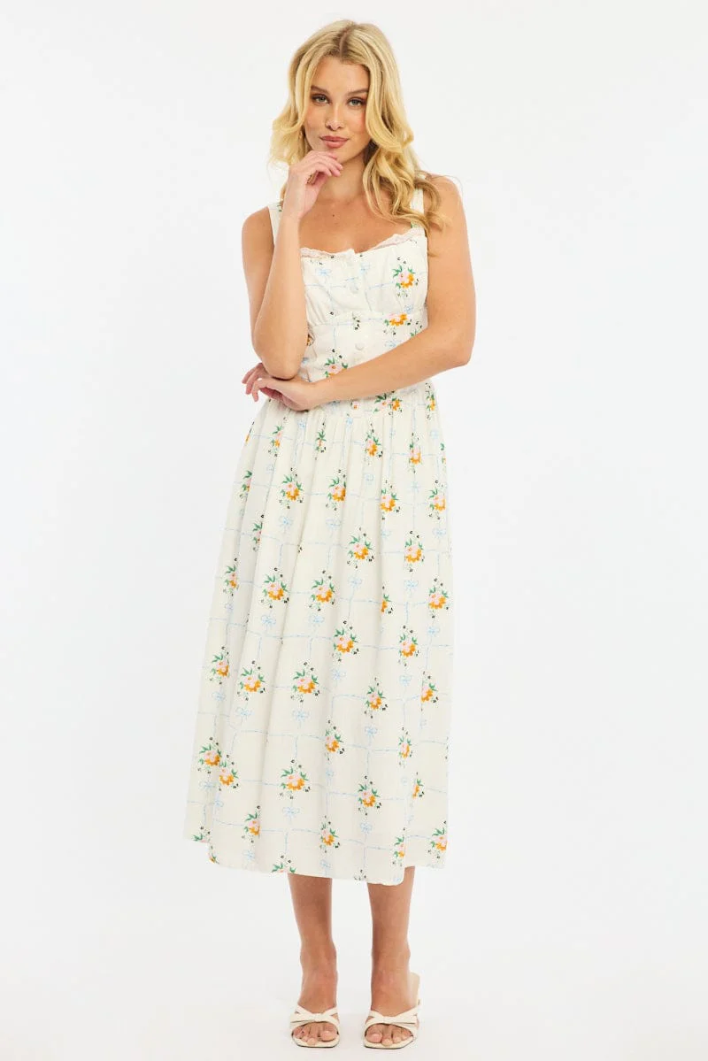 White Floral Midi Dress Gathered Bust Lace Trim