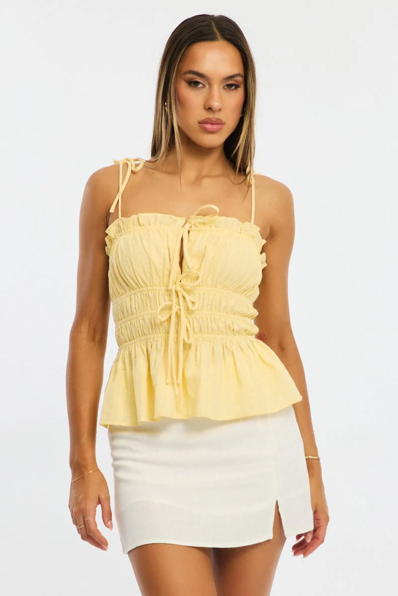 Yellow Gathered Tie Cami Sleeveless Notched Front
