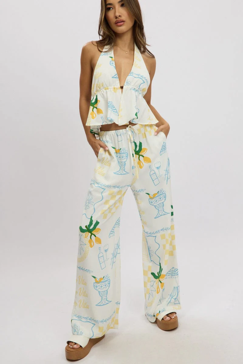 Yellow Abstract Wide Leg Pants High Rise