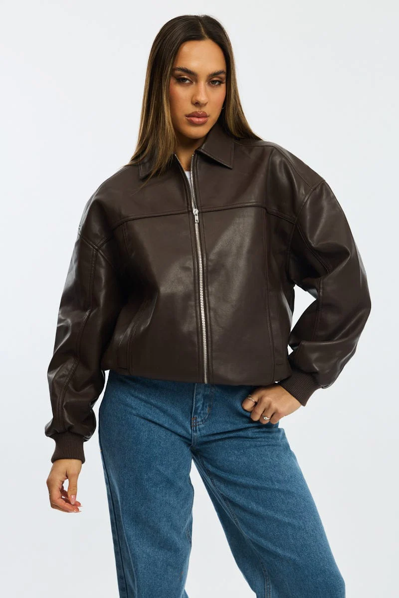 Brown Bomber Jacket Faux Leather