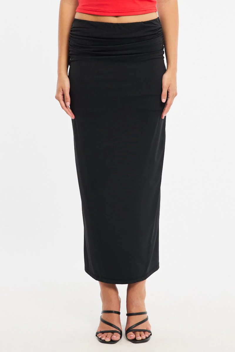 Black Ruched Maxi Skirt Elastic Waist