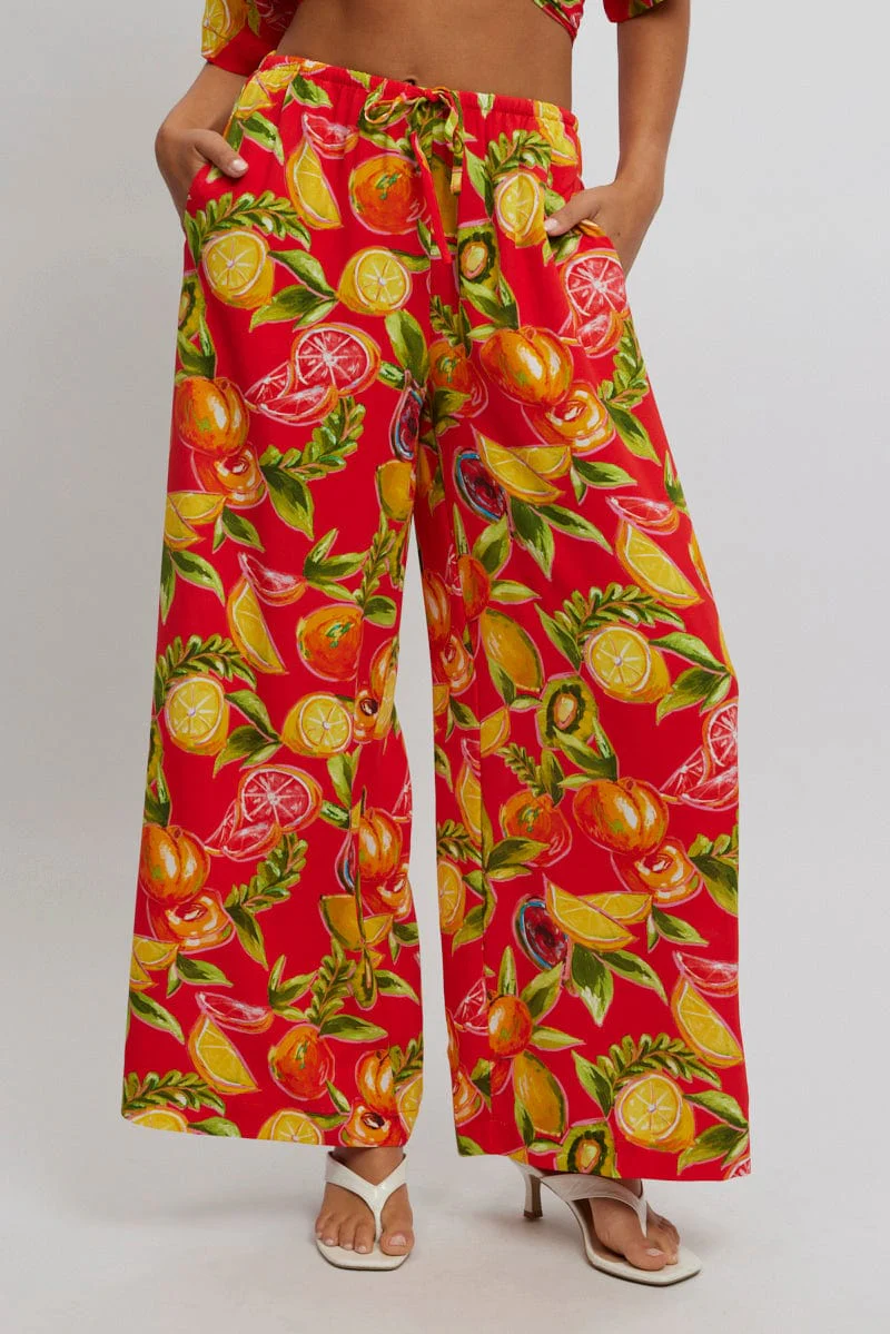 Red Abstract Wide Leg Pants High Rise