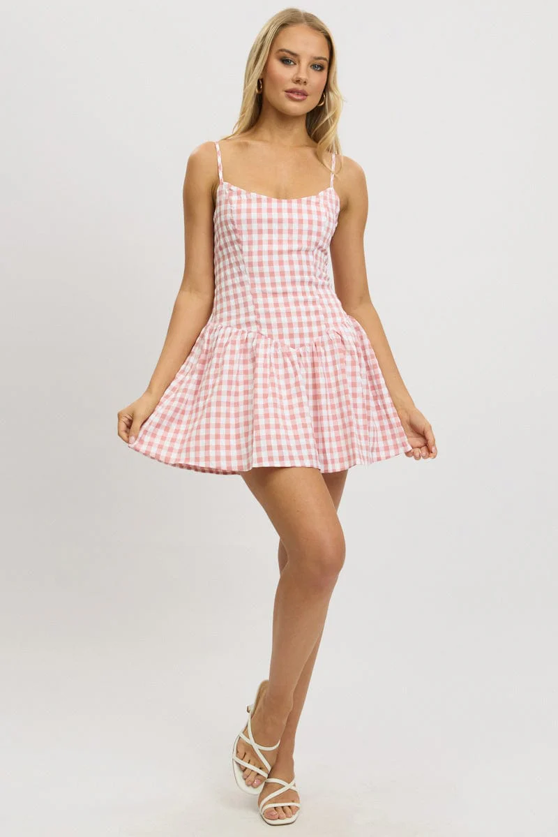 Pink Check Fit And Flare Dress Mini