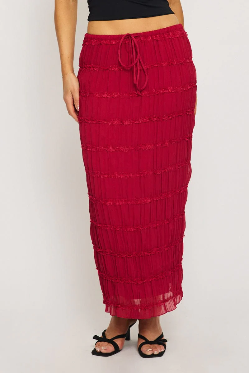 Red Textured Maxi Skirt Elastic Waist Lined