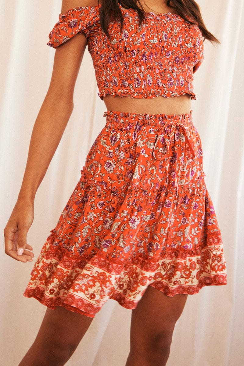 Red Mini Skirt High Waisted Skater Elastic Band Tiered