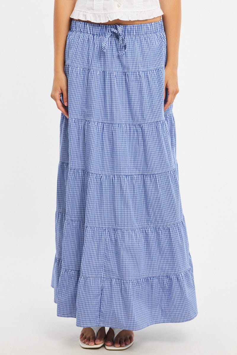Blue Check Maxi Skirt Tiered High Rise Linen Blend