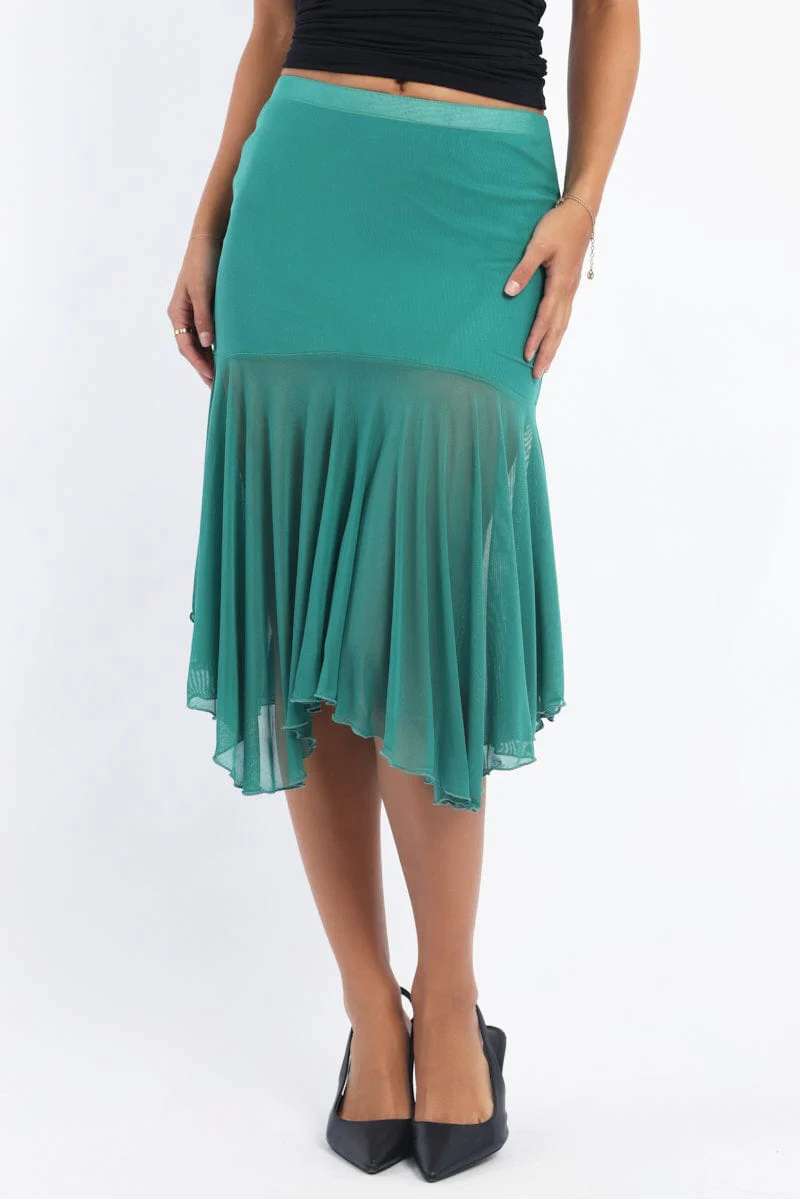 Green Midi Skirt Scarf Hem Asymmetric Mesh Lined