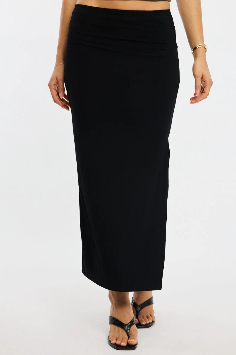 Black Maxi Skirt Elasticated Waist Side Split Lined
