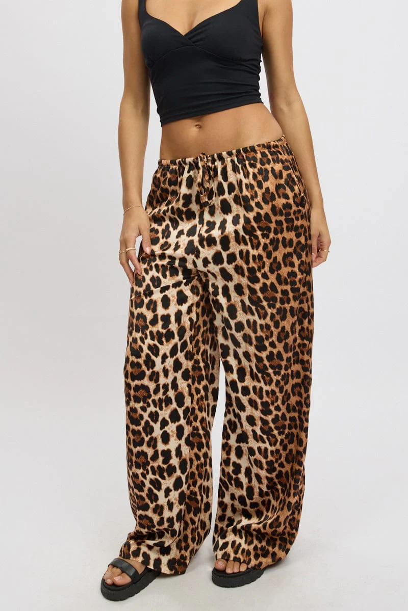 Brown Animal Print Wide Leg Pants Elasticated Waist
