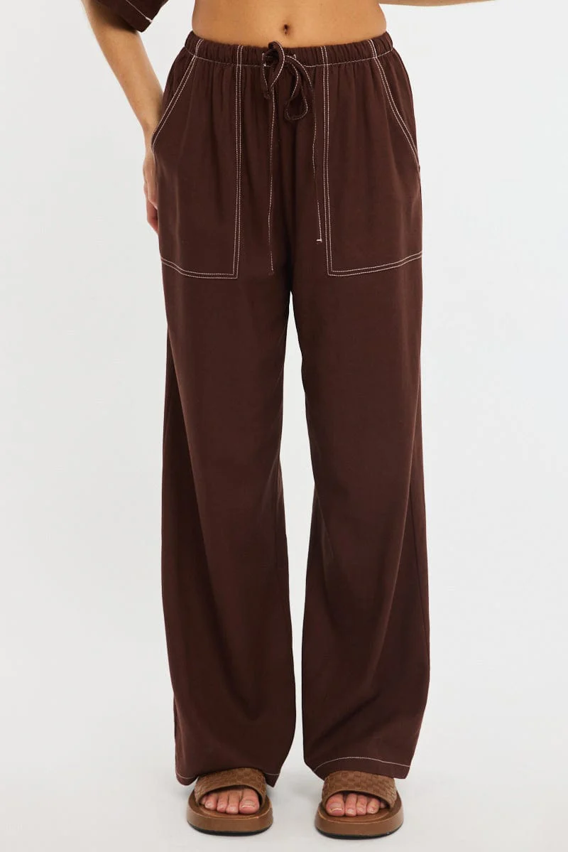 Brown Wide Leg Pants Contrast Stitch