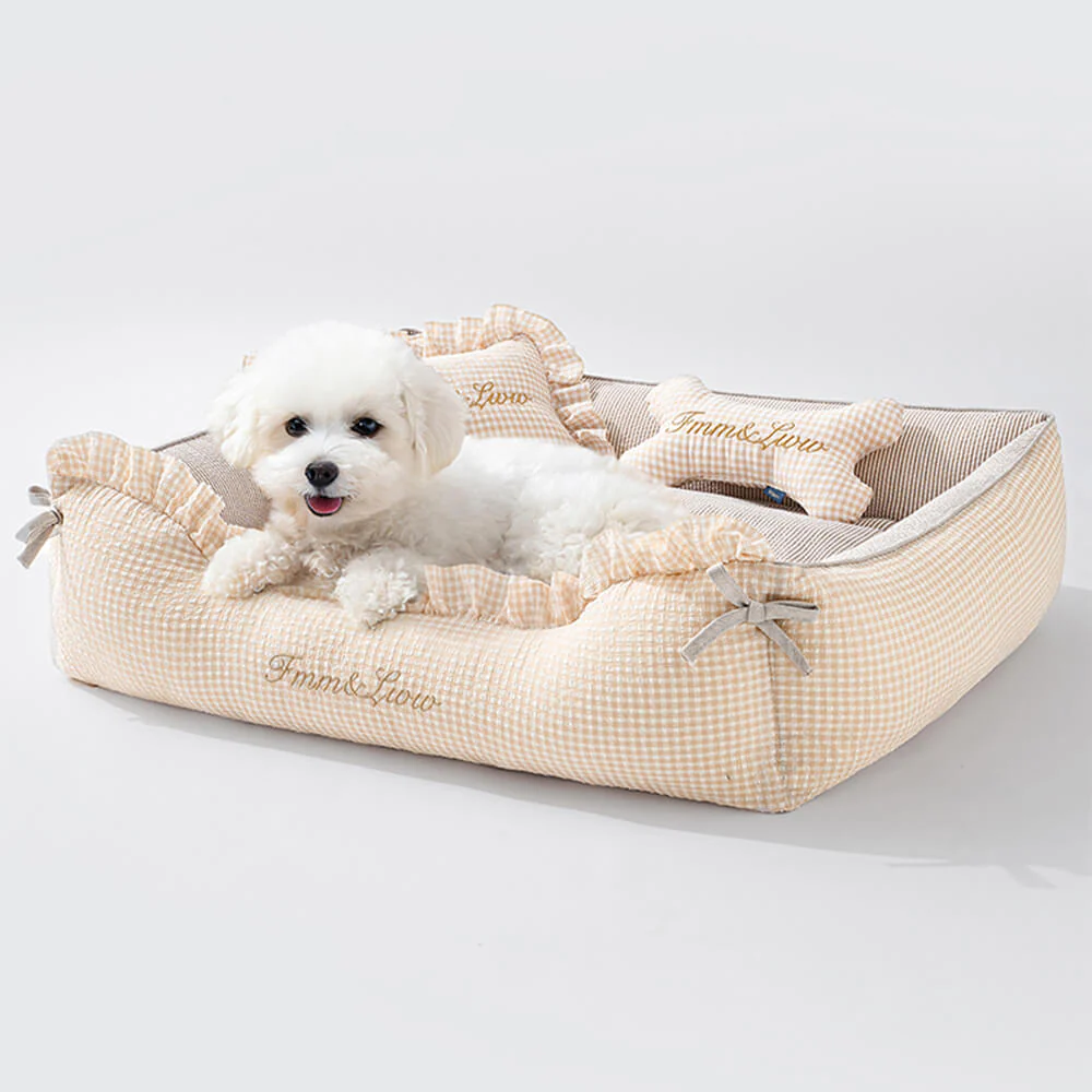 Soft Gingham Washable Dog & Cat Sofa Bed with Pillows
