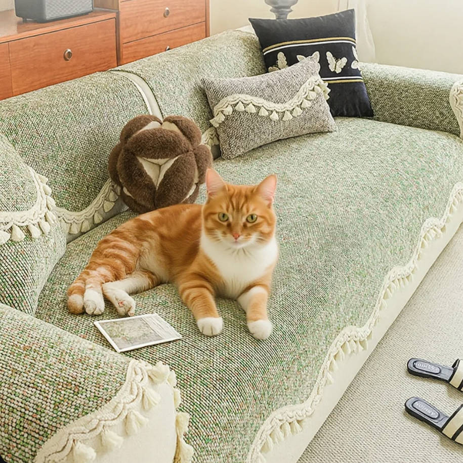 Chic Chenille Bouclé Non-Slip Couch Cover with Wavy Tassel Trim