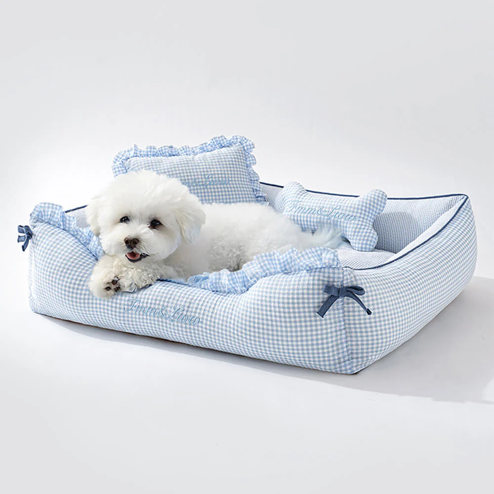 Soft Gingham Washable Dog & Cat Sofa Bed with Pillows