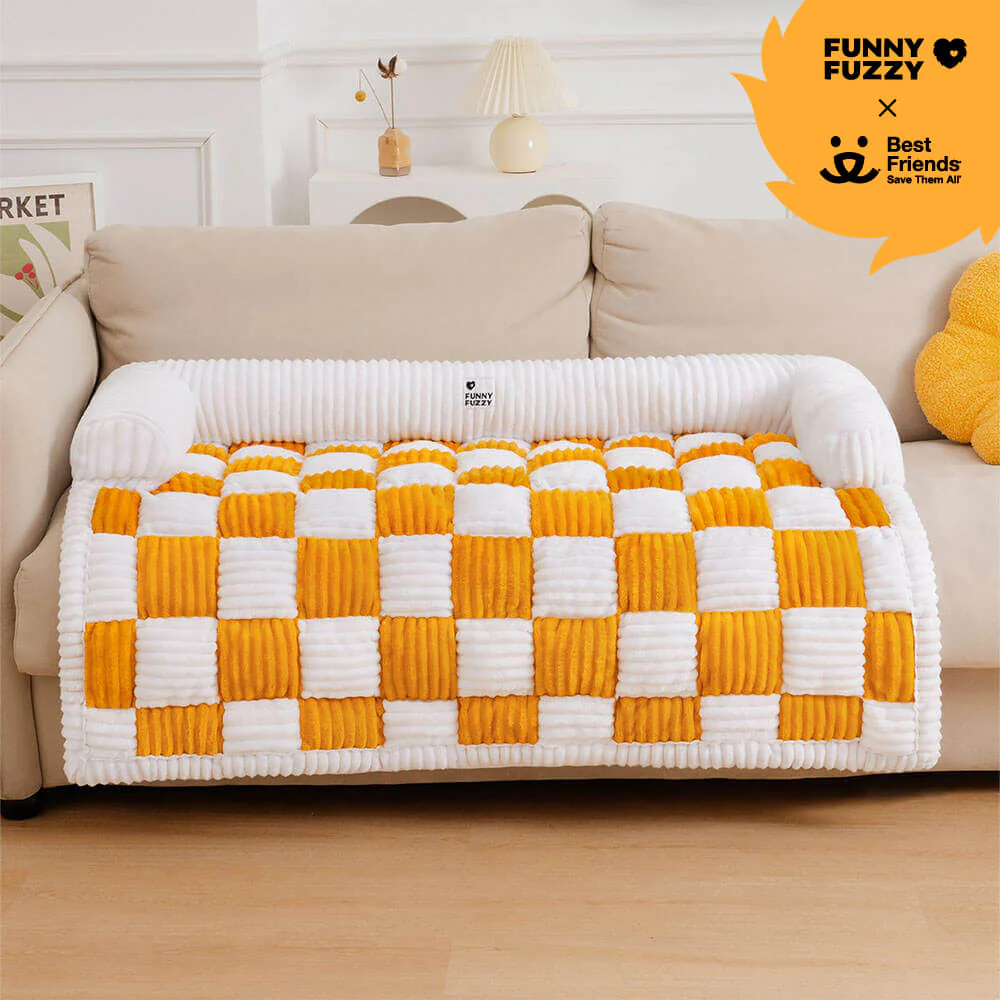 Cream Square Plaid Cozy Dog Mat Furniture Protector Cover