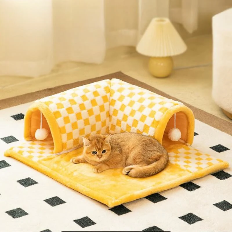 2-in-1 Funny Plush Plaid Checkered Cat Tunnel  Bed