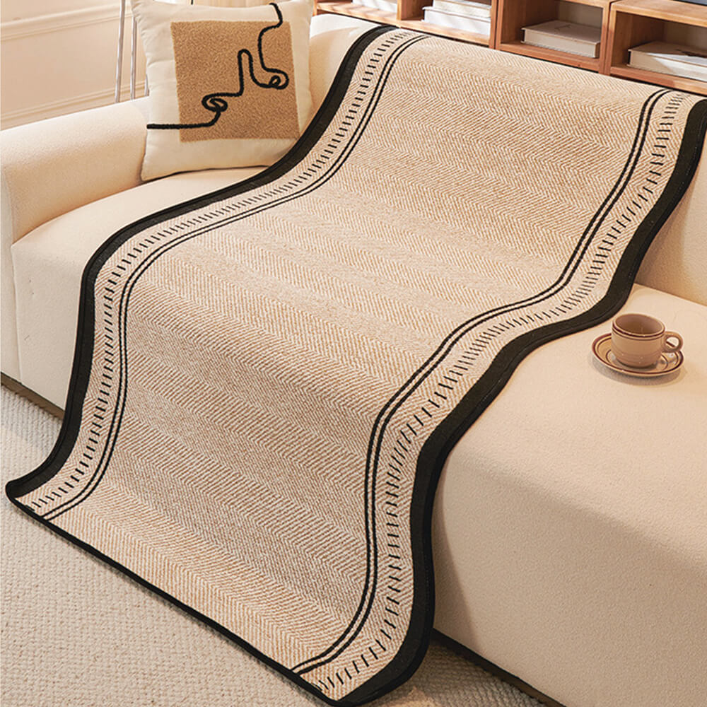 Non-Slip Herringbone Chenille Couch Cover with Wavy Edges