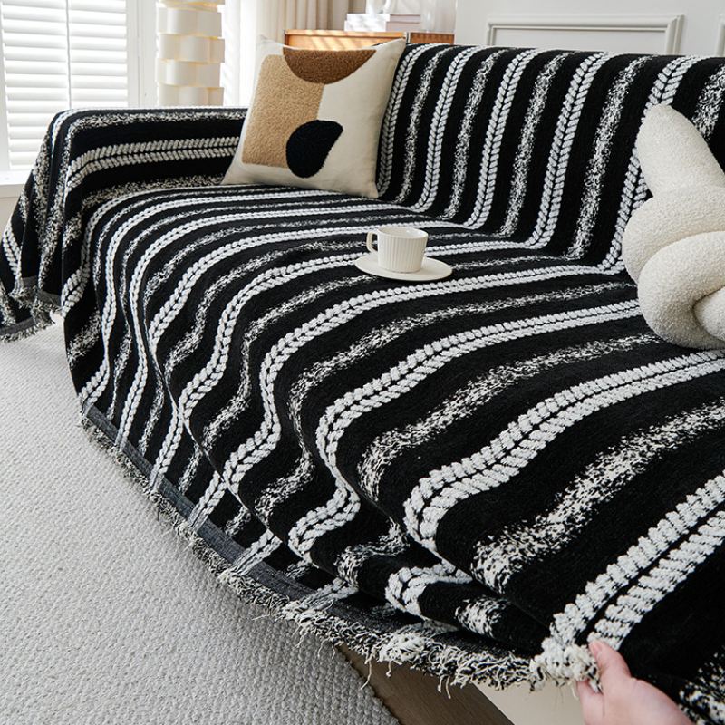 Decorative Stripe Tassel Chenille Throw Couch Cover
