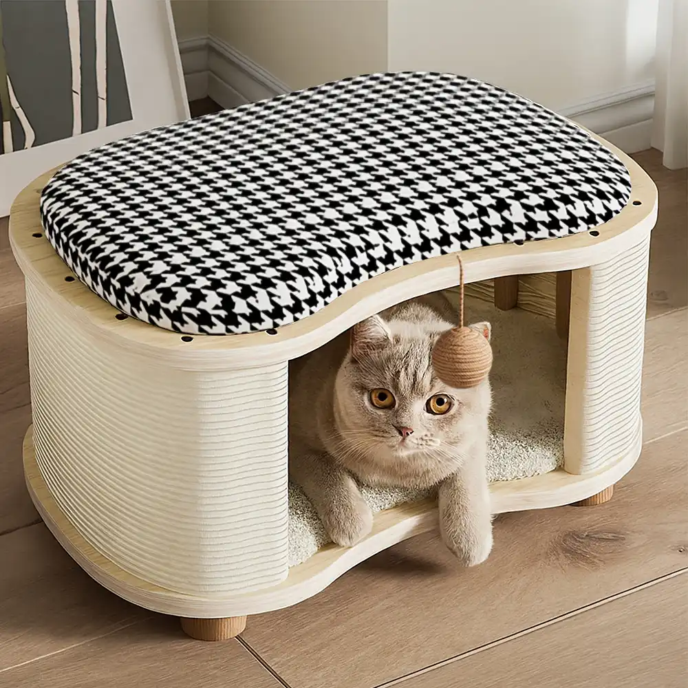 All-Season Modern 2-in-1 Enclosed Wooden Cat House Stool