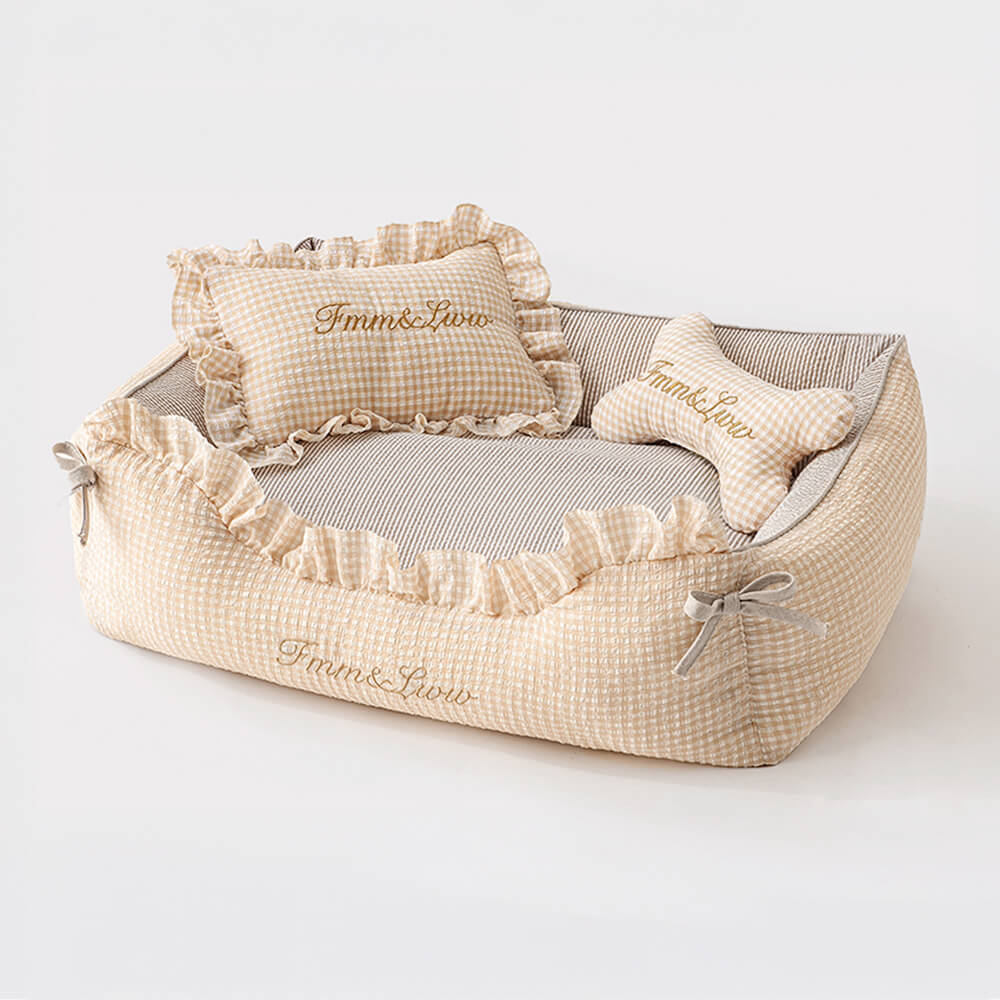 Soft Gingham Washable Dog & Cat Sofa Bed with Pillows