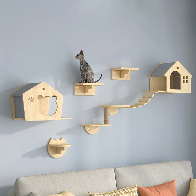 Wooden Cat Furniture Wall-Mounted Cat Climber Shelves with Condo Set
