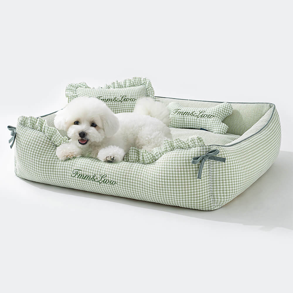 Soft Gingham Washable Dog & Cat Sofa Bed with Pillows