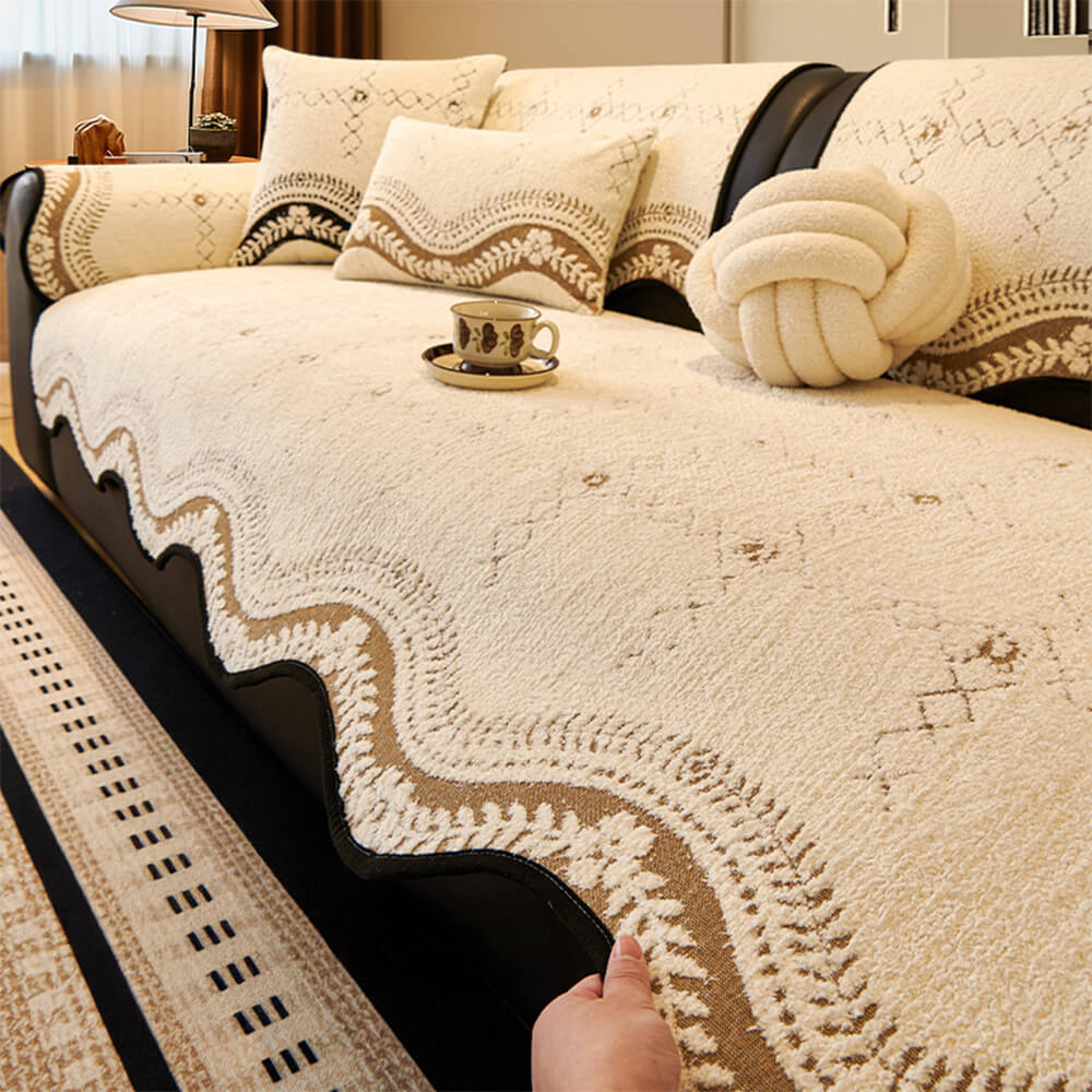 Wavy Pattern Anti-Scratch Plush Couch Cover