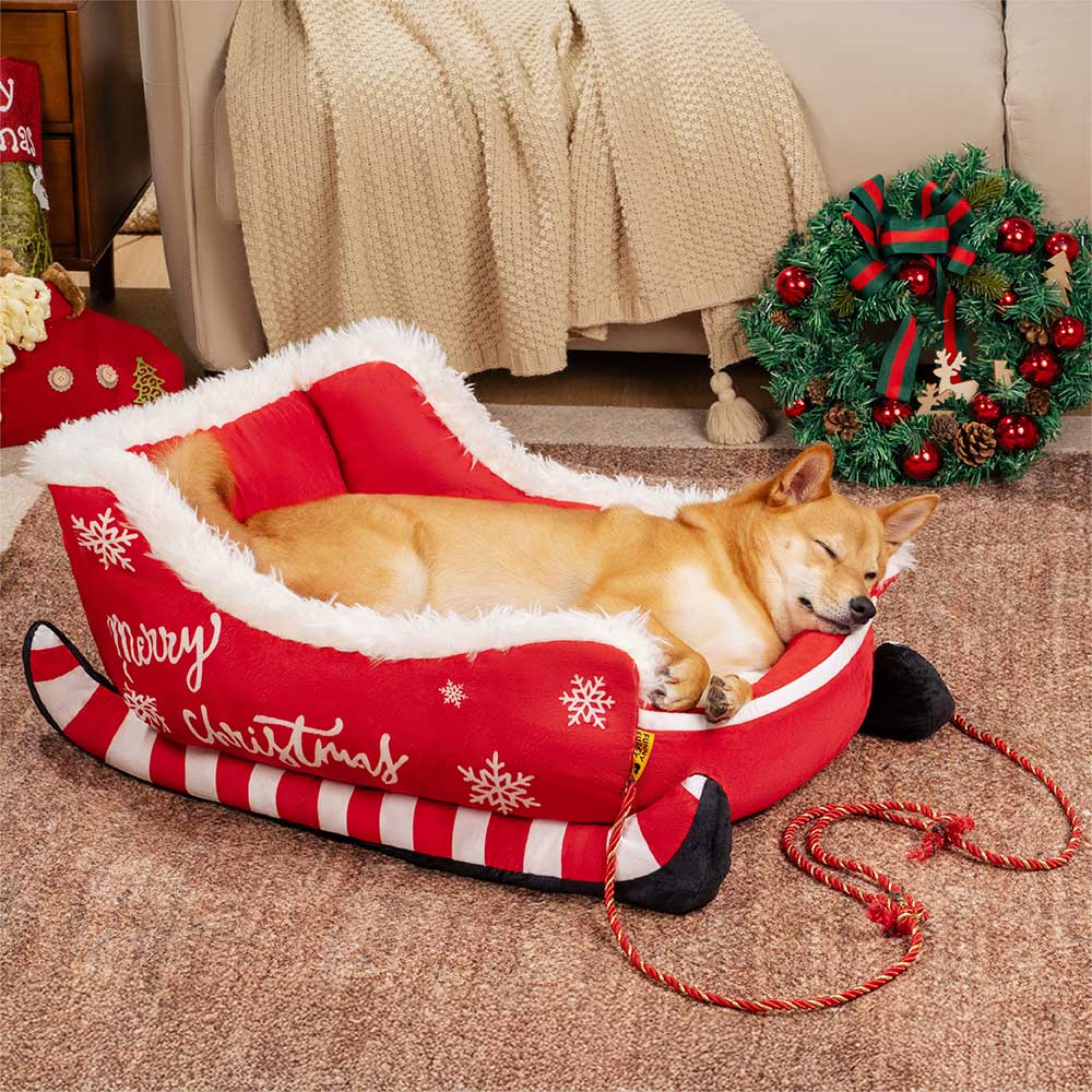 Festive Plush Cozy Dog Bed - Christmas Sleigh