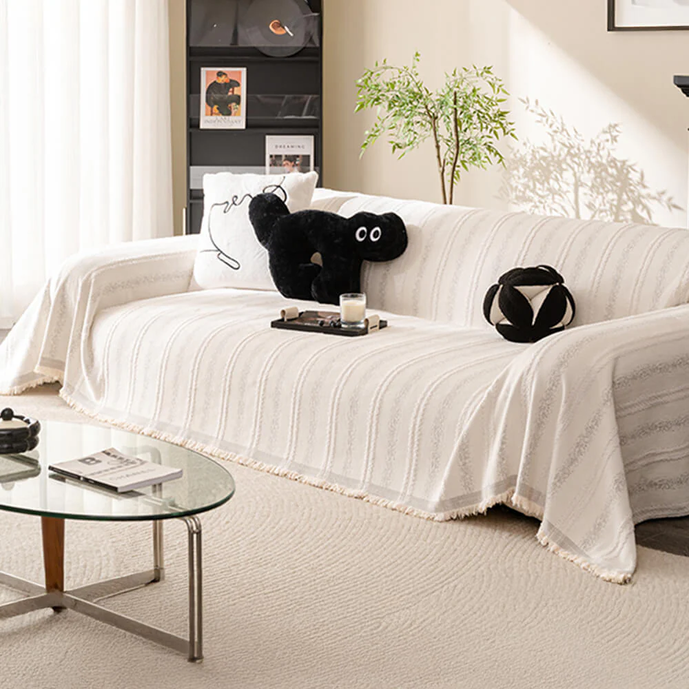 Decorative Stripe Tassel Chenille Throw Couch Cover