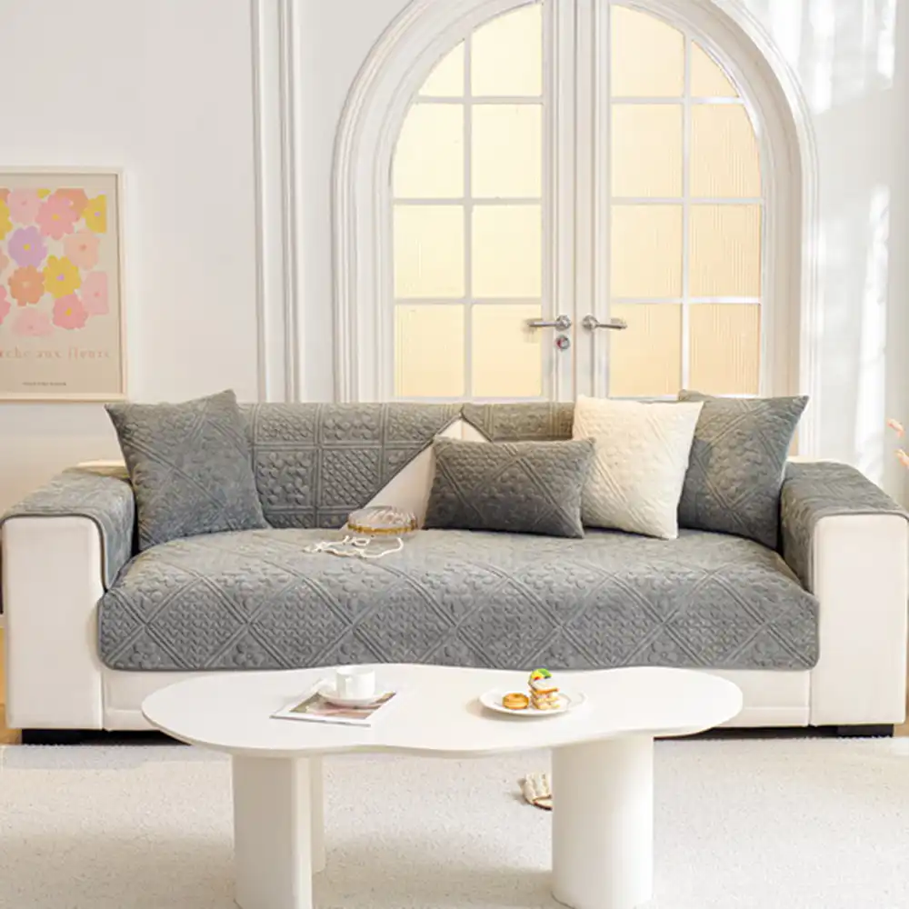 Embossed Geometric Pattern Soft Plush Quilted Non-Slip Couch Cover